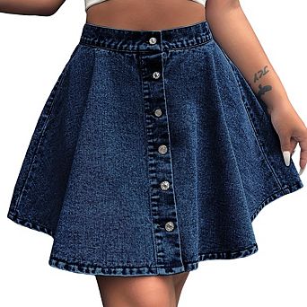 Women High Waisted Denim Skirt Flared A-Line Button Front Mini Skirt