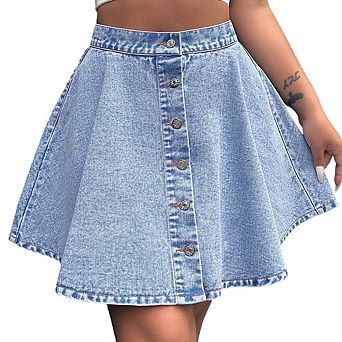 Women High Waisted Denim Skirt Flared A-Line Button Front Mini Skirt