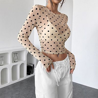 Women Trendy Crew Neck Polka Dot Sheer Mesh Blouse Slim Fit Long