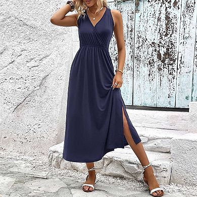 Women's Halter Neck Maxi Dress, V-Neck Split Hem Casual Summer Dress
