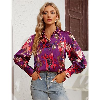 Women's Cotton Long-Sleeve Shirt Basic Button-Up Crepe Shirt Solid Color Polo Shirt