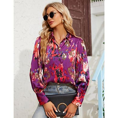 Women's Cotton Long-Sleeve Shirt Basic Button-Up Crepe Shirt Solid Color Polo Shirt
