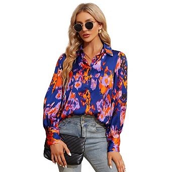 Women's Cotton Long-Sleeve Shirt Basic Button-Up Crepe Shirt Solid Color Polo Shirt