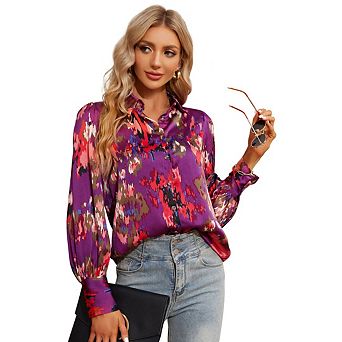 Women's Cotton Long-Sleeve Shirt Basic Button-Up Crepe Shirt Solid Color Polo Shirt