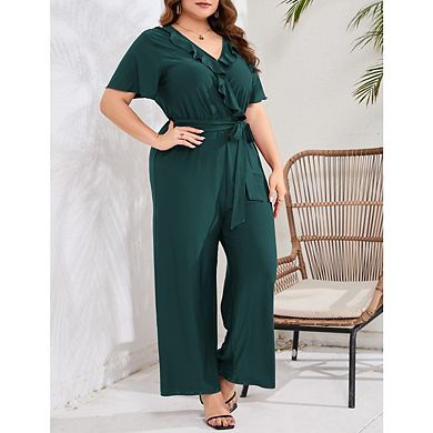 Womens Plus Size Elegant Jumpsuits V-Neck Ruffled Short Sleeve Wide Leg Rompers High Waist Tie