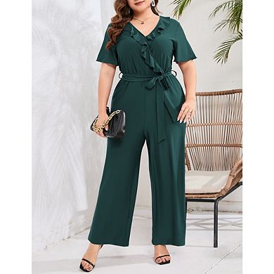 Womens Plus Size Elegant Jumpsuits V-Neck Ruffled Short Sleeve Wide Leg Rompers High Waist Tie