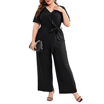 Womens Plus Size Elegant Jumpsuits V-Neck Ruffled Short Sleeve Wide Leg Rompers High Waist Tie
