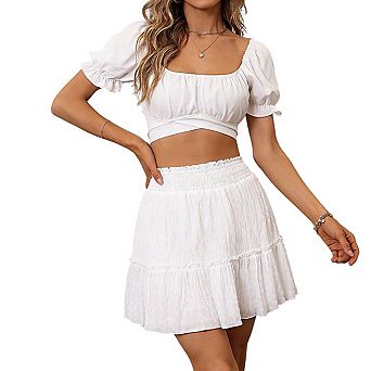 Women's Smocked Waist Tiered Ruffle Textured Flowy Mini Skirt