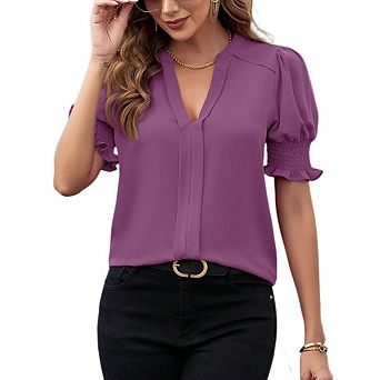 Women's Casual Pleated Puff Sleeve Blouse V-Neck Solid Color Waist-cinching Shirt