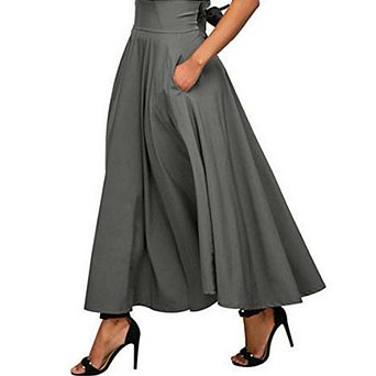 Women's Casual Ankle Length High Waist A-line Flowy Long Maxi Skirt with Pockets