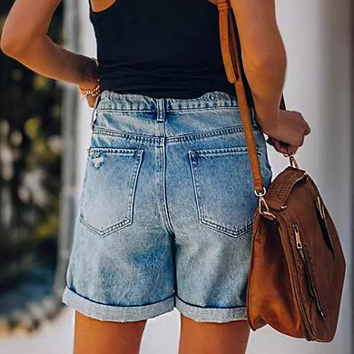 Women's High Waist Rolled Cuff Vintage Casual Jeans Denim Shorts