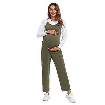 Womens Maternity Casual Jumpsuits Sleeveless Straight Leg Loose Pregnancy Overalls with Pockets