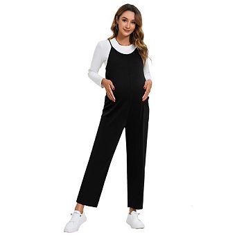 Womens Maternity Casual Jumpsuits Sleeveless Straight Leg Loose Pregnancy Overalls with Pockets