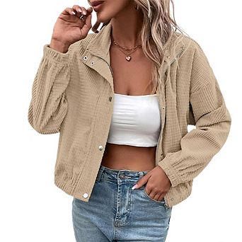 Women's Causal Crop Jackets Long Sleeve Button Down Corduroy Jackets Tops for Work Office