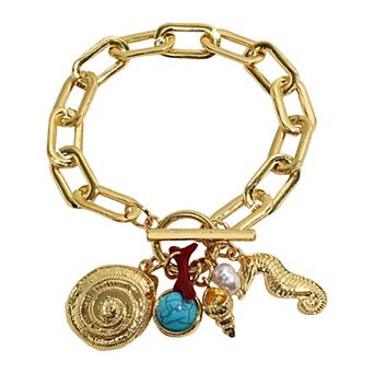 Emberly Gold Tone Simulated Stone & Seahorse Charm Toggle Bracelet