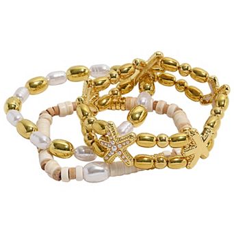 Emberly 3 pc Gold Tone Beaded Stretch Bracelet Set