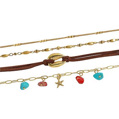 Emberly 4-Piece Gold Tone Shell & Coral Starfish Anklet Set