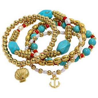 Emberly 5 pc Gold Tone Shell & Anchor Stretch Bracelet Set
