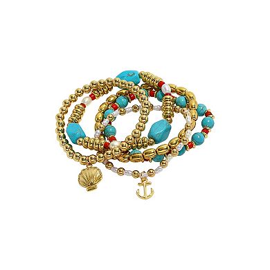 Emberly 5-Piece Gold Tone Shell & Anchor Stretch Bracelet Set