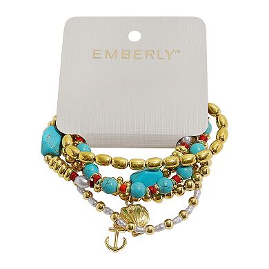 Emberly 5-Piece Gold Tone Shell & Anchor Stretch Bracelet Set
