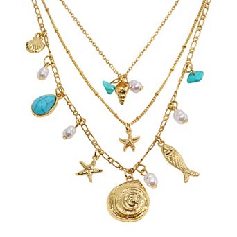 Emberly Gold Tone 3 Row Simulated Pearl & Simulated Stone Starfish Layered Necklace