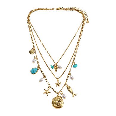 Emberly Gold Tone 3 Row Simulated Pearl & Simulated Stone Starfish Layered Necklace