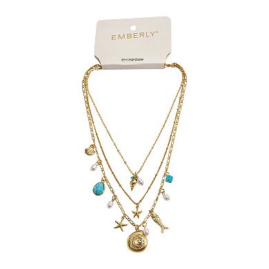 Emberly Gold Tone 3 Row Simulated Pearl & Simulated Stone Starfish Layered Necklace