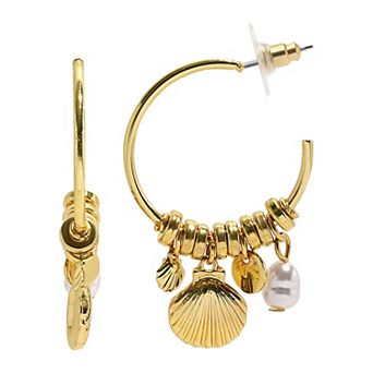 Emberly Gold Tone Simulated Pearl & Shell J-Hoop Earrings