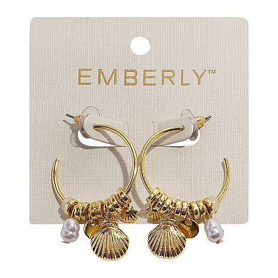 Emberly Gold Tone Simulated Pearl & Shell J-Hoop Earrings