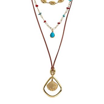 Emberly Gold Tone 3 Row Shell Coral Sealife Layered Necklace