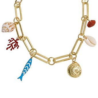 Emberly Gold Tone Multi Simulated Stone Coral & Shell Charm Necklace