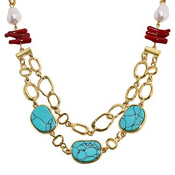 Emberly 2 pc Gold Tone Simulated Pearl & Multi-Simulated Stone Coral Bead Necklace