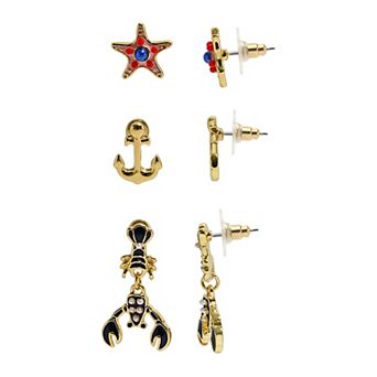 Emberly 3-Pair Gold Tone Star Anchor Lobster Post Earring Set