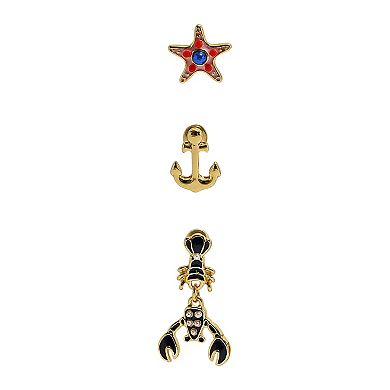 Emberly 3-Pair Gold Tone Star Anchor Lobster Post Earring Set