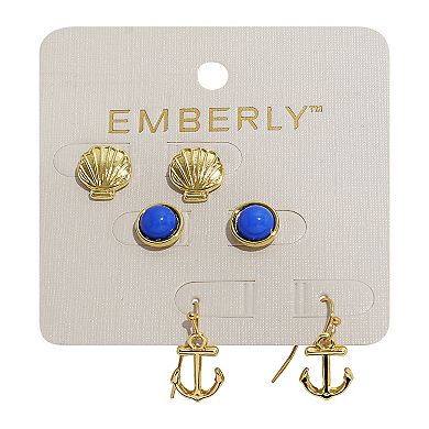 Emberly 3-Pair Gold Tone Shell & Conk Earring Set