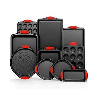 10 pc Nonstick Bakeware Set, Carbon Steel, Blue Coating, Red Handles, PFOA-Free