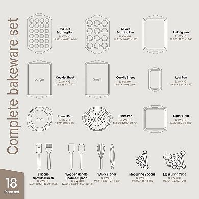 18-Piece Nonstick Bakeware Set, Carbon Steel, Blue Coating, Red Handles, PFOA-Free