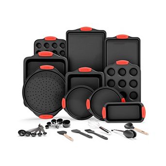 18 pc Nonstick Bakeware Set, Carbon Steel, Blue Coating, Red Handles, PFOA-Free