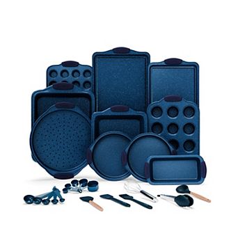 18 pc Nonstick Bakeware Set, Carbon Steel, Blue Coating, Red Handles, PFOA-Free