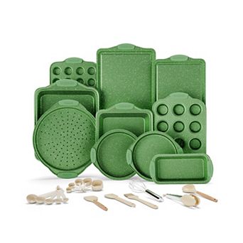 18 pc Nonstick Bakeware Set, Carbon Steel, Blue Coating, Red Handles, PFOA-Free