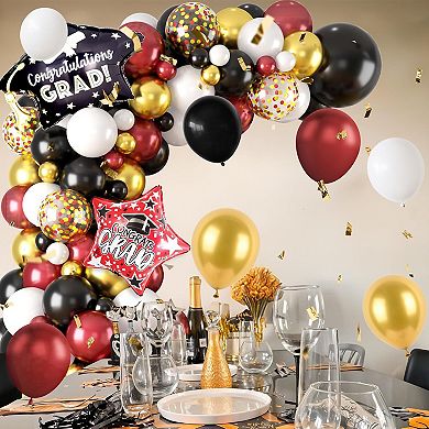 Graduation Balloon Arch Kit Black & Red Balloons with Congrats Foil Balloons