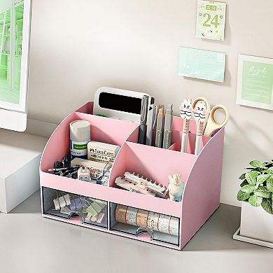 Pen Holder 6 Compartments 2 Drawers Desk Organizer