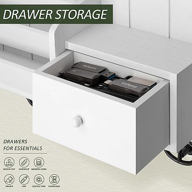 Farmhouse Key Holder Mail Organizer Wall Mount with Drawer & 7 Hooks