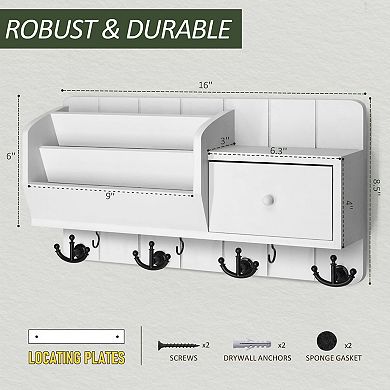 Farmhouse Key Holder Mail Organizer Wall Mount with Drawer & 7 Hooks