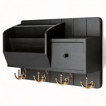 Farmhouse Key Holder Mail Organizer Wall Mount with Drawer & 7 Hooks