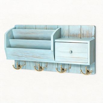 Farmhouse Key Holder Mail Organizer Wall Mount with Drawer & 7 Hooks