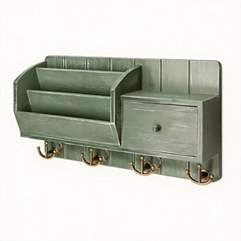 Farmhouse Key Holder Mail Organizer Wall Mount with Drawer & 7 Hooks