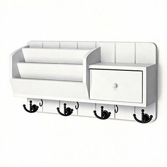 Farmhouse Key Holder Mail Organizer Wall Mount with Drawer & 7 Hooks