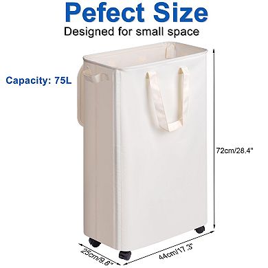 Slim Rolling Laundry Hamper with Lid Handle for Narrow Spaces 75L