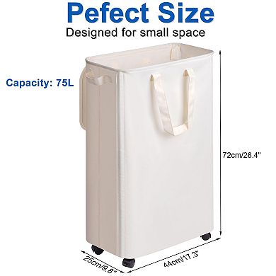Slim Rolling Laundry Hamper with Lid Handle for Narrow Spaces 75L
